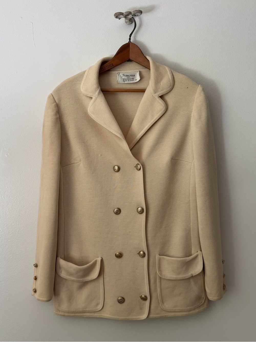 Vintage 1960s 70s Fully Knit Wool Double Breasted Jacket in Cream.